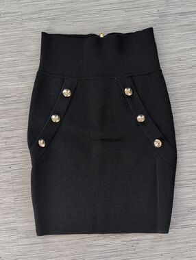 Ronny Kobo Collection Black High-Waist Pencil Skirt with Gold Buttons